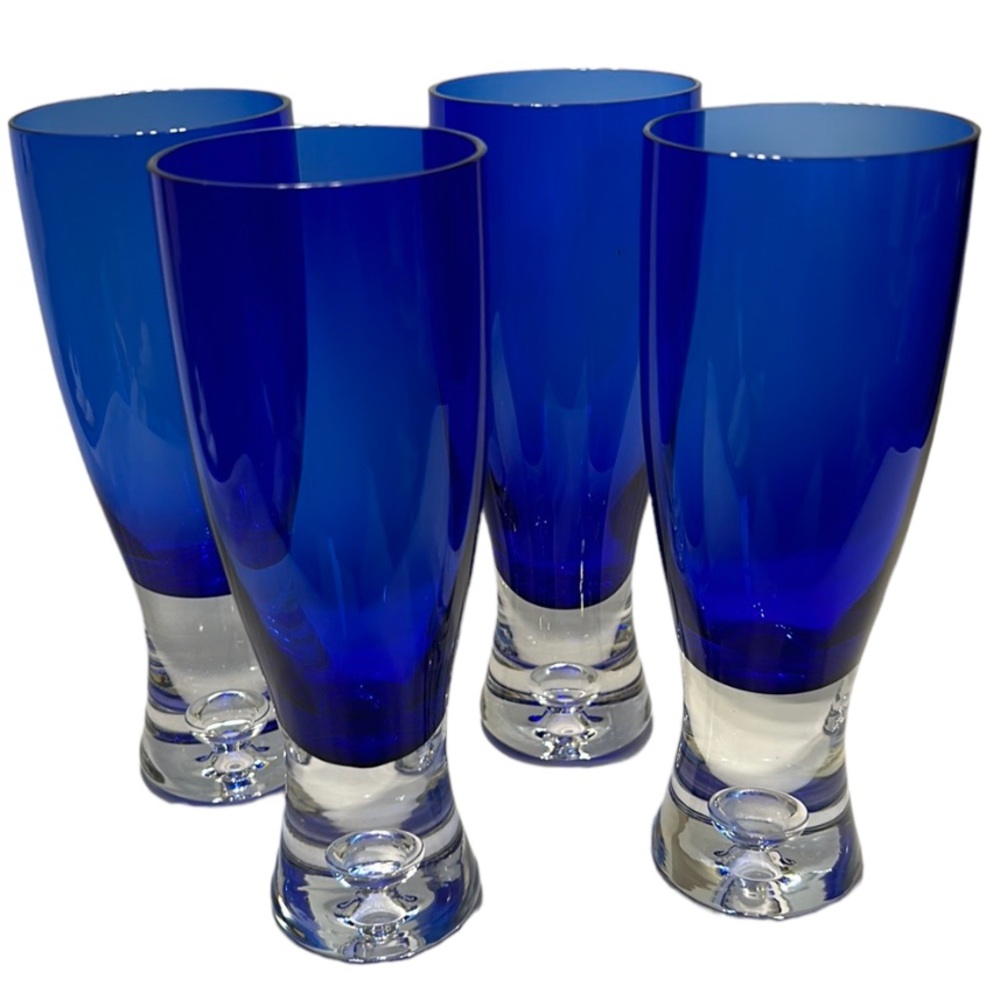 4 Block Signed Stockholm Crystal Cobalt Blue Air Bubble Bottom Highball Glasses
